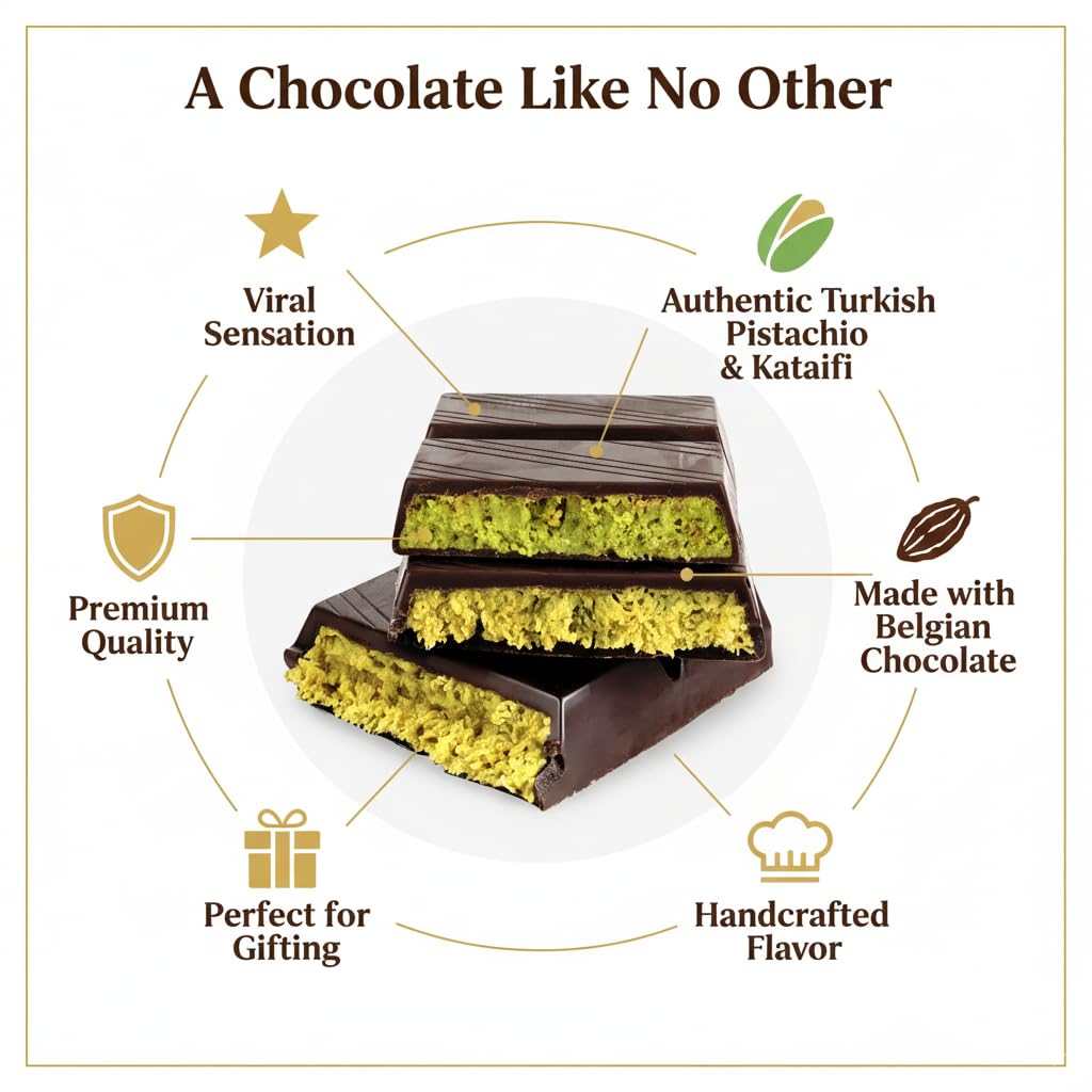 Dubai Chocolate Bar - Premium Pistachio, Belgian Chocolate and Crispy Kataifi Layers | Luxury Chocolate Gift | 7oz Gourmet Treat